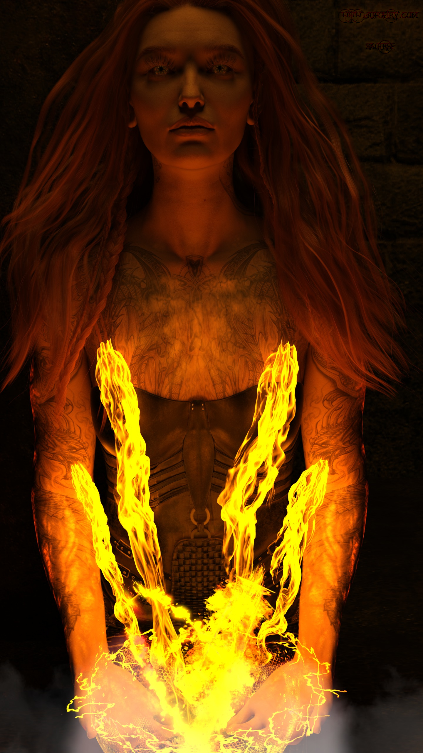Dragon Born is another entry in the Sword and Sorcery competition #MadeWithDaz and #Daz3d . Saoirse allows the inner fires to escape through her tattooed familiars, and being of Bandroi (Druid) descent conjures the illusion of reality.